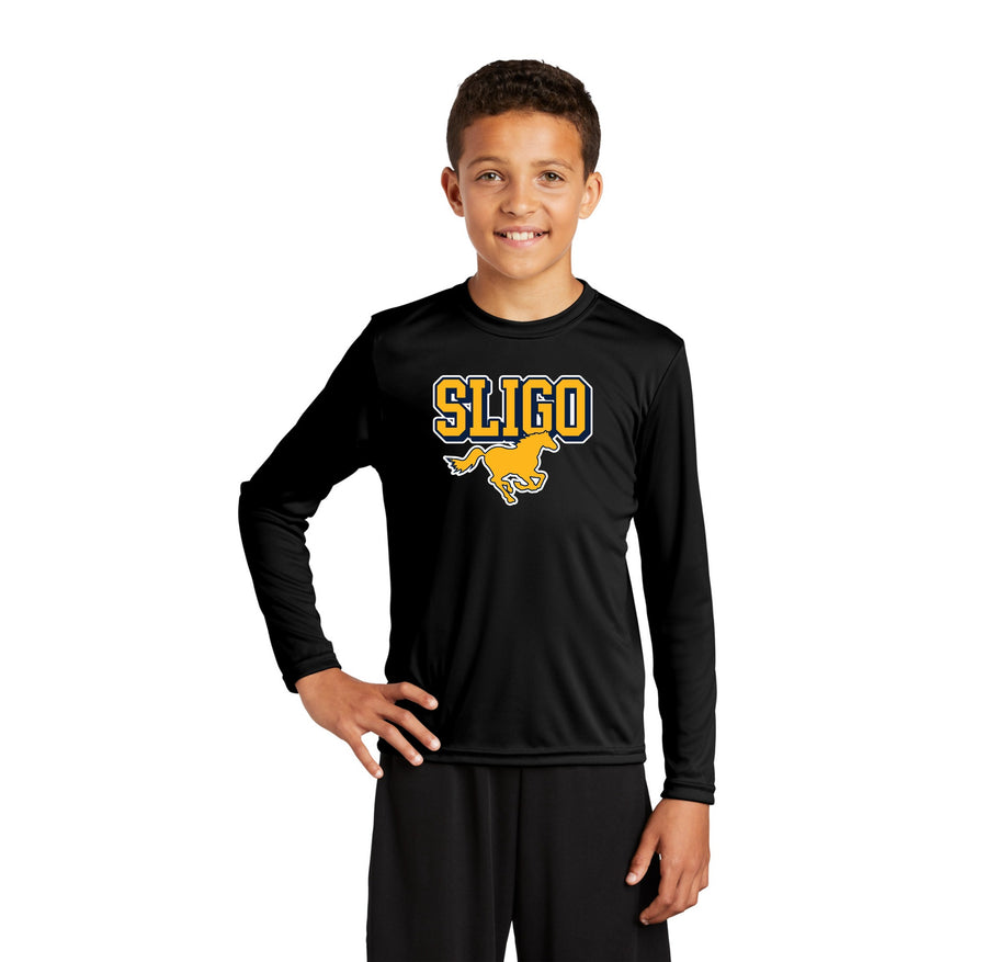 Sligo Middle School 2023-24 Spirit Wear-Youth Unisex Dri-Fit Long Sleeve Tee Stallion Logo
