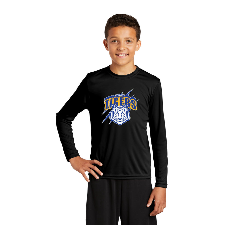Harrison Elementary Spirit Wear 2023-24 On-Demand-Youth Unisex Dri-Fit Long Sleeve Tee Blue Tiger Logo