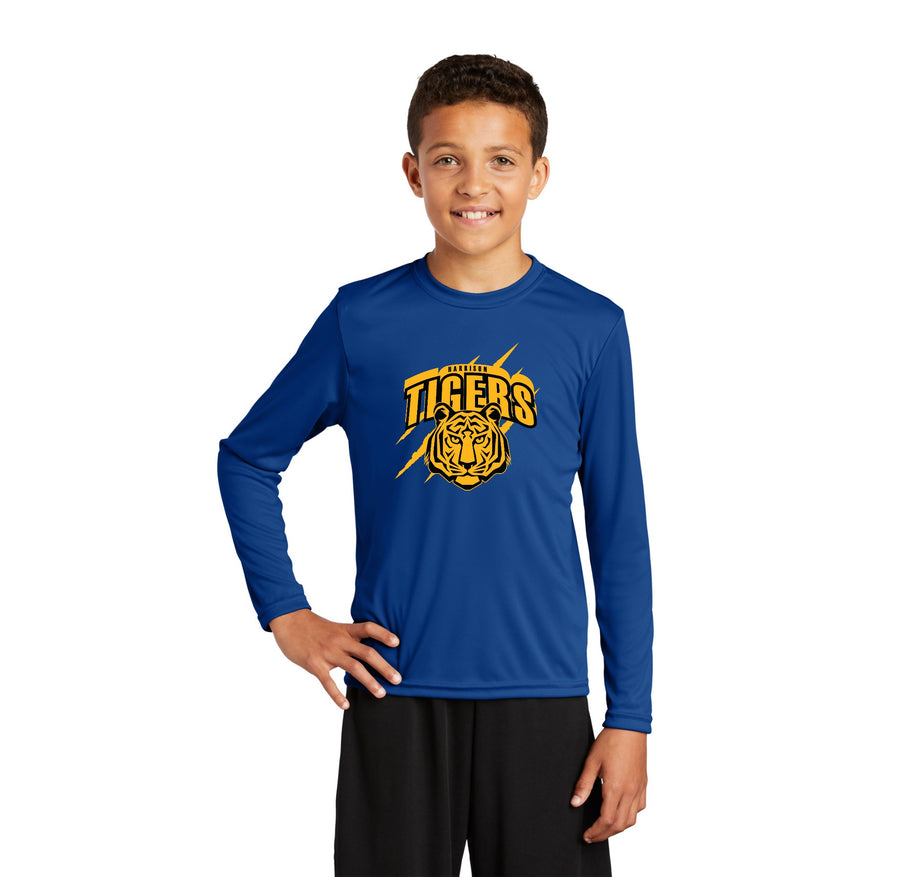 Harrison Elementary Spirit Wear 2023-24 On-Demand-Youth Unisex Dri-Fit Long Sleeve Tee Yellow Tiger Logo