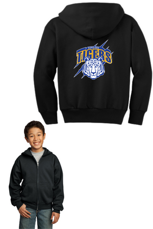 Harrison Elementary Spirit Wear 2023-24 On-Demand-Youth Unisex Full-Zip Hooded Sweatshirt Blue Tiger Logo