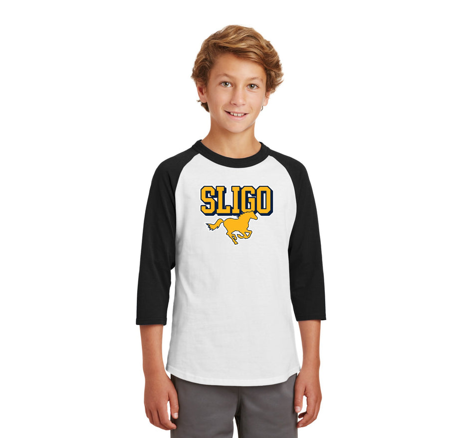 Sligo Middle School 2023-24 Spirit Wear-Youth Unisex Baseball Tee Stallion Logo