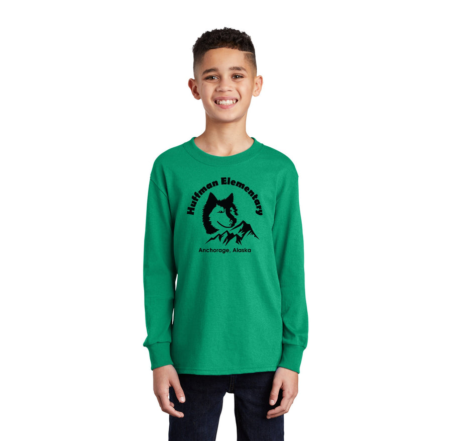 Huffman Elementary Spirit Wear 2023-24-Youth Unisex Port & Company Long Sleeve Shirt Husky Logo