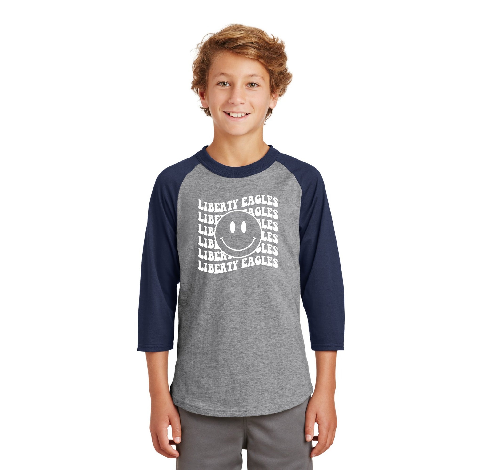 Liberty Elementary Fall Spirit Wear 2023-24 On-Demand-Youth Unisex Baseball Tee Smiley Logo